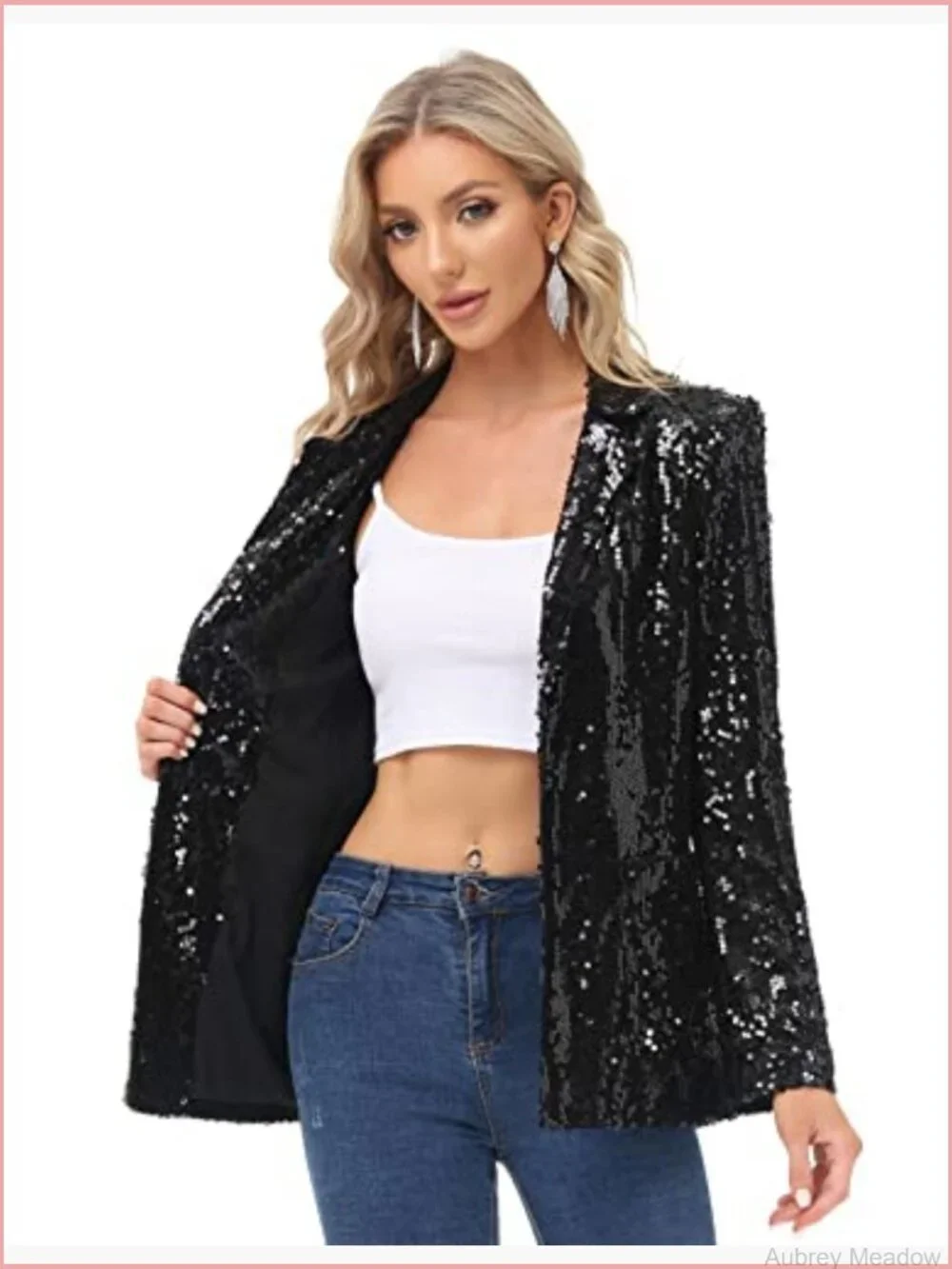 Sequin Open Front Blazer Jacket Long Sleeve Sparkly Cardigan Coat with Pockets